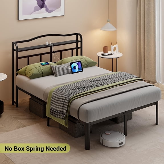 WANTAI Queen Size Bed Frame - Storage Headboard with Charging Station, 14 Inch Sturdy Metal Platform Bed Frame No Box Spring Needed, Easy Assembly, No Noise, Black
