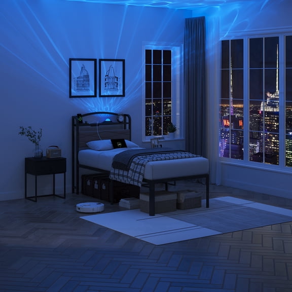 WANTAI Twin Bed Frame - Storage Headboard with Charging Station & Galaxy Aurora Projector, 14 Inch Sturdy Metal Platform Bed Frame No Box Spring Needed, Easy Assembly, No Noise, Brown