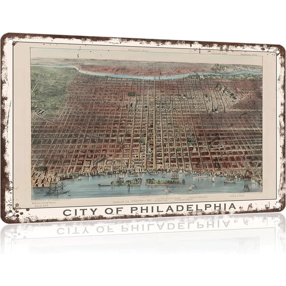 WANUYP Vintage Philadelphia City Map Vintage City Landscape Metal Tin Sign, Retro Travel Tin Signs Posters For Man Cave Bar Garage Car Room Streets Wall Decor 8 X 12 Inch