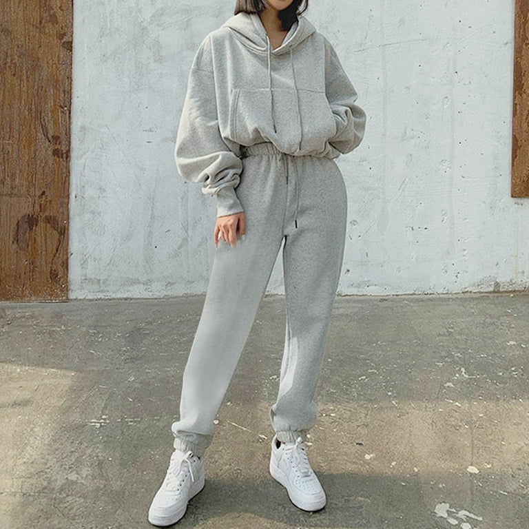 WANYNG Jumpsuit Hoodies Suit Winter Solid Tracksuit Set Sports Sweatshirts  Pullover Home Sweatpants Outfits Polyester jumpsuits for women Gray L