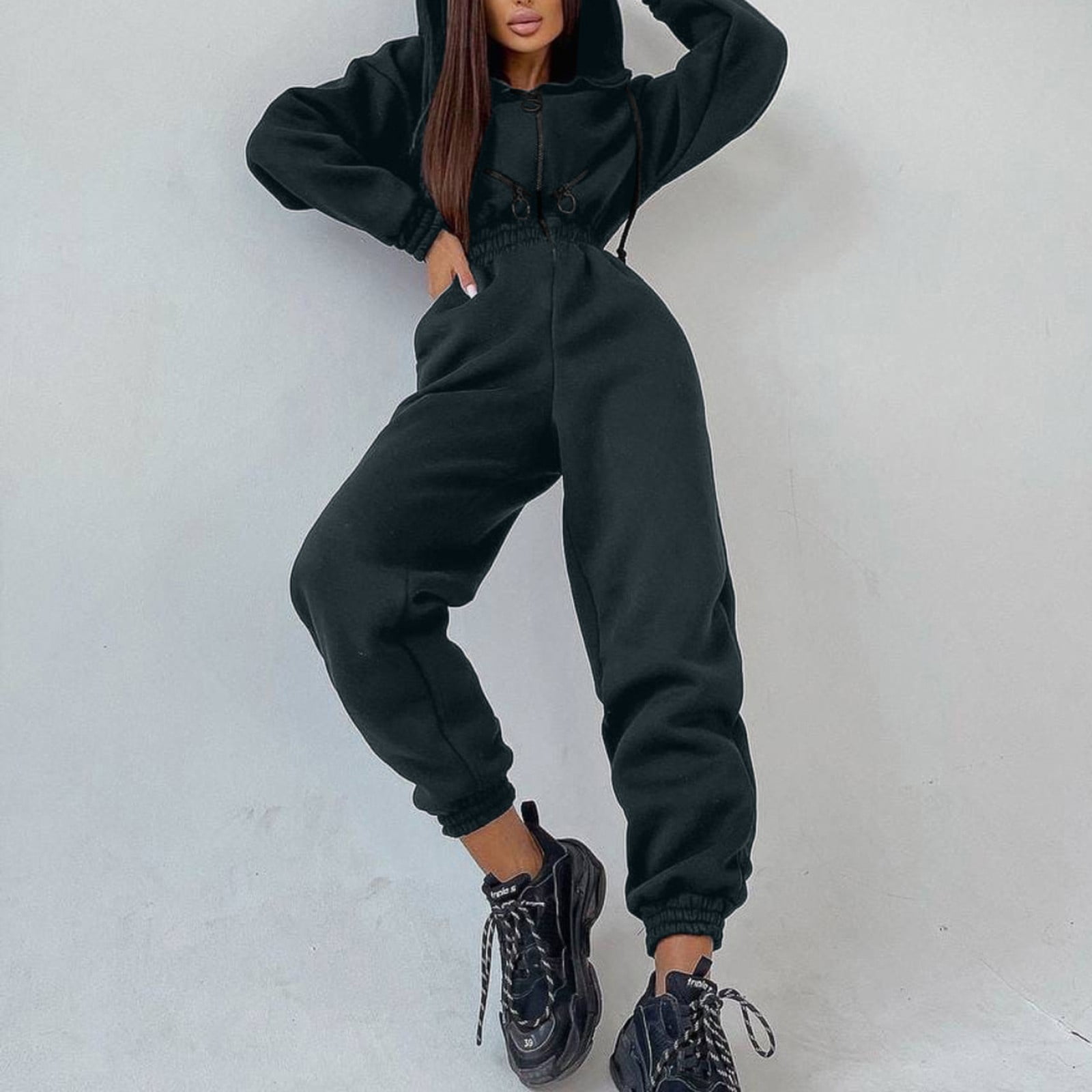 WANYNG jumpsuits for women Hoodies Suit Winter Spring Solid Casual  Tracksuit 2 Pieces Set Sports Sweatshirts Pullover Home Sweatpants Outfits  pants for women Gray L 
