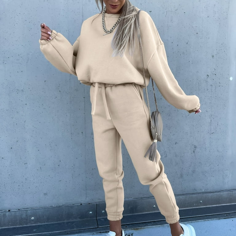 WANYNG Jumpsuit Tracksuit New Solid Color Sweater Pants Two Piece Set Polyester jumpsuits for women Beige S Walmart