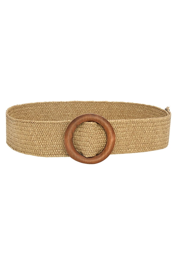 Women Belt Smooth Wooden Belt Buckle Wide Round Vintage Waist Belt