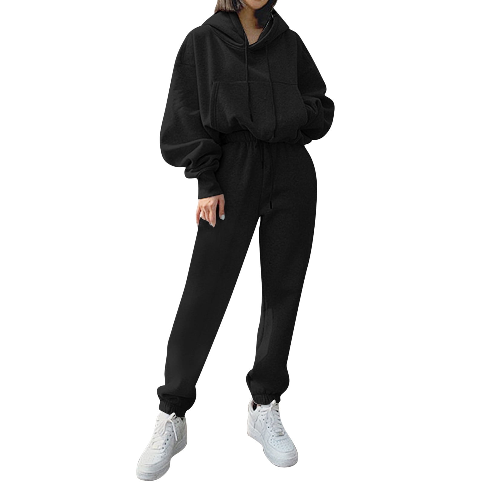 WANYNG jumpsuits for women Hoodies Suit Winter Spring Solid Casual Tracksuit  2 Pieces Set Sports Sweatshirts Pullover Home Sweatpants Outfits pants for  women Black L 