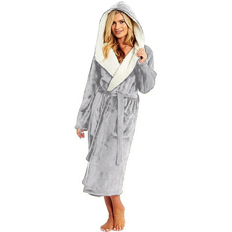 WANYNG Women Winter Plush Lengthened Shawl Bathrobe Home Clothes Long  Sleeved Robe Coat Grey
