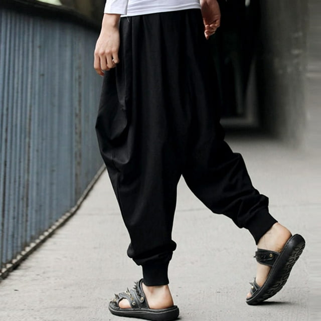 WANYNG pants for men Men's Harem Pants Cotton Linen Festival Baggy Solid Trousers Retro Gypsy Pants Harem Black XL