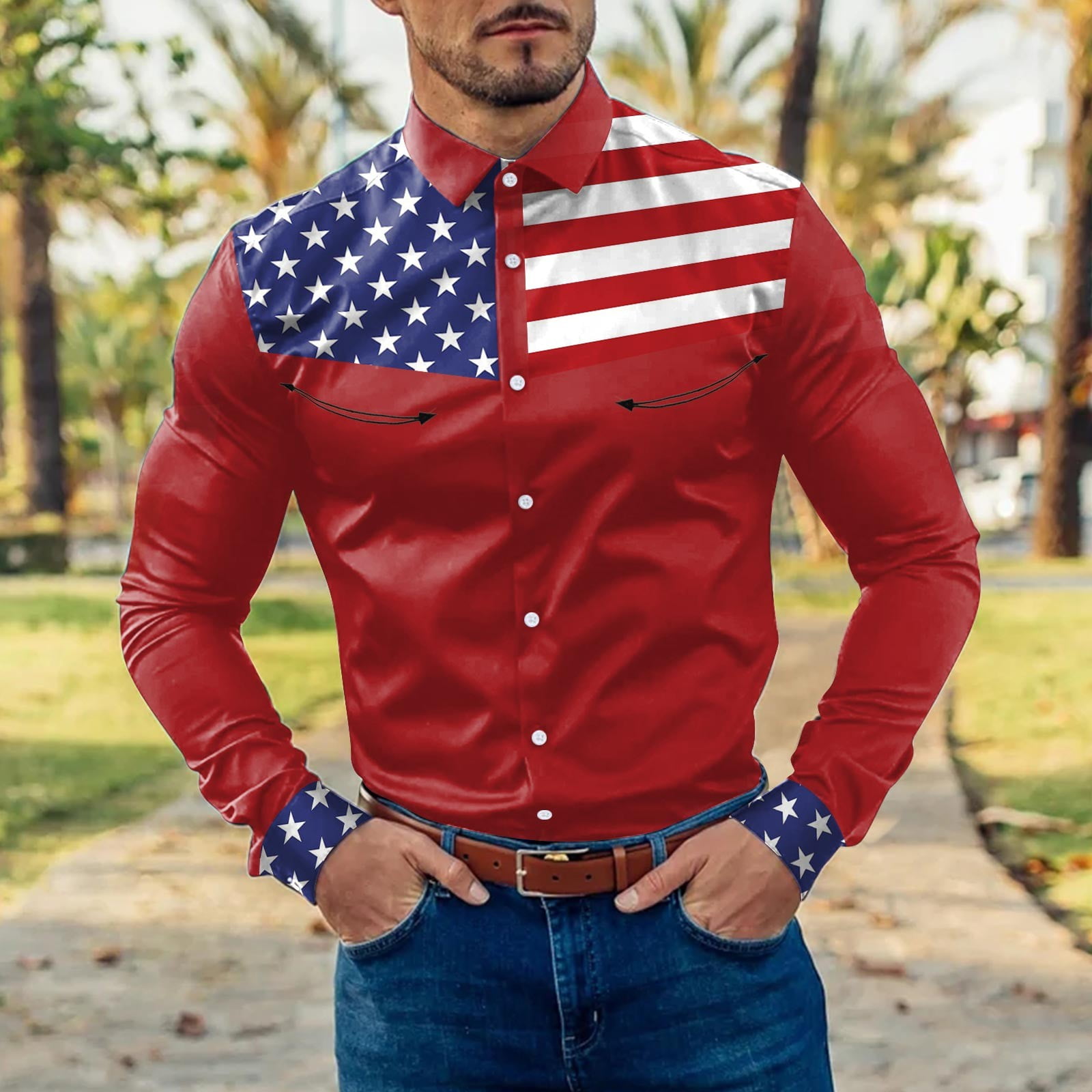 WANYNG polo shirts for men Striped Color Block Patchwork American Flag Lapel Button Long Sleeve Shirt fall clothes for men Red 3XL