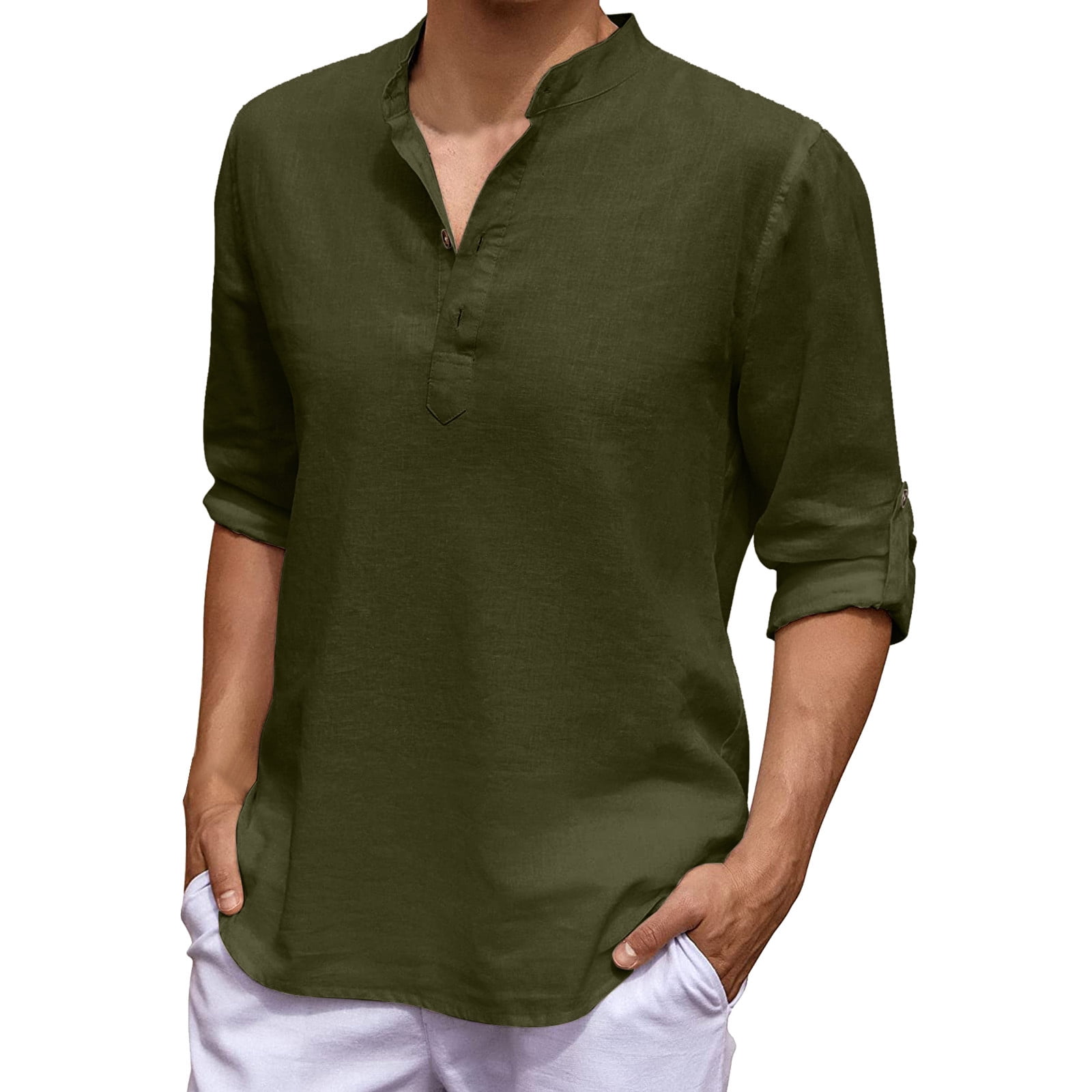 WANYNG shirts for men Men Daily Cotton Linen Shirt Long Sleeve Hippie Casual  Beach T Shirts With Button Blouse V Neck fall clothes for men 2022 Khaki M  