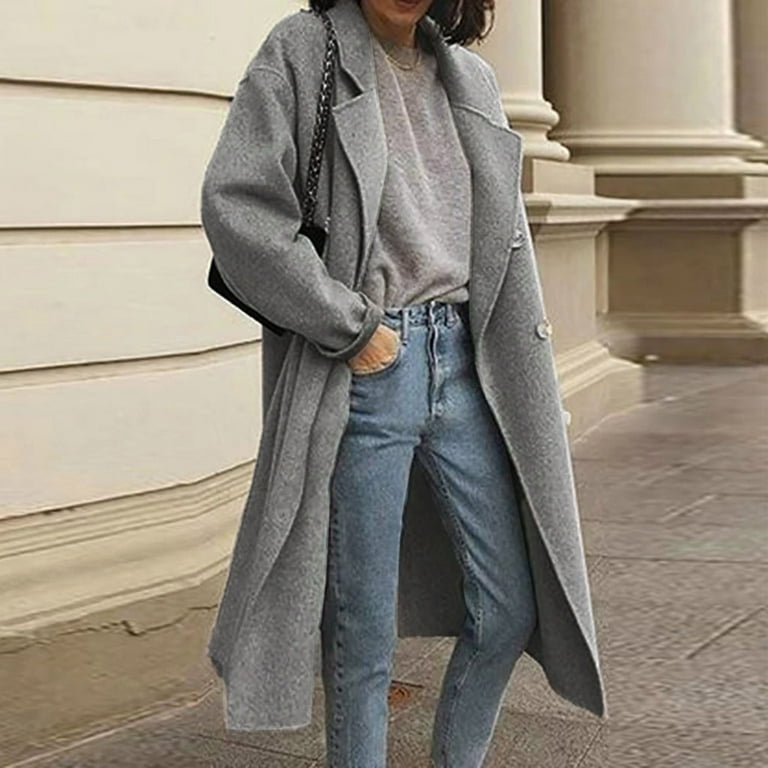 WANYNG winter coats for women Women's Winter Wool Thin Coat Ladies Jacket  Slim Long Overcoat Solid Classic Lapel Loose Outwear Open Overcoat  Polyester