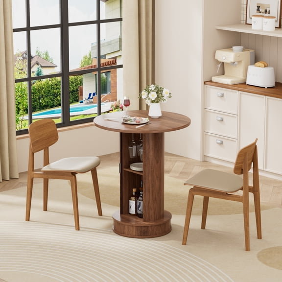 WARAYZ 27.5" Round Dining Table with Hidden Storage & Wine Rack, Walnut