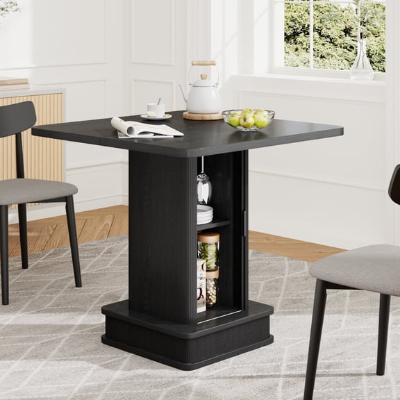 WARAYZ 27.5" Square Dining Table for 2, Small Table with Storage, Sliding Door, Waterproof Top, Black