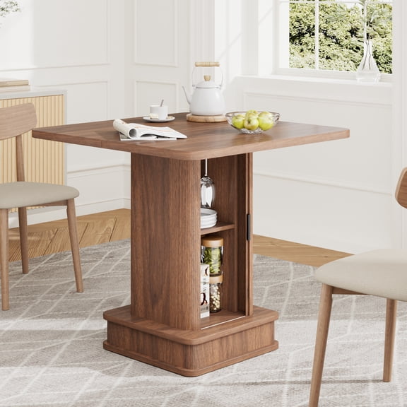 WARAYZ 27.5" Square Dining Table for 2, Small Table with Storage, Sliding Door, Waterproof Top, Walnut