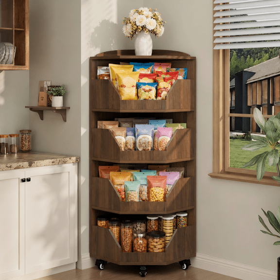 WARAYZ 4-Tier Coner Snack Rack with Wheels, Wood Snack Organizer Stand,Borwn