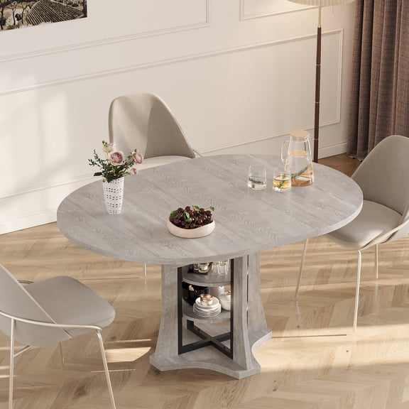 WARAYZ 43.3"–59" Expandable Round Dining Table with 2-Tier Adjustable Shelves, Metal Frame Pedestal Dining Table with Storage, Seats 4–8, Gray