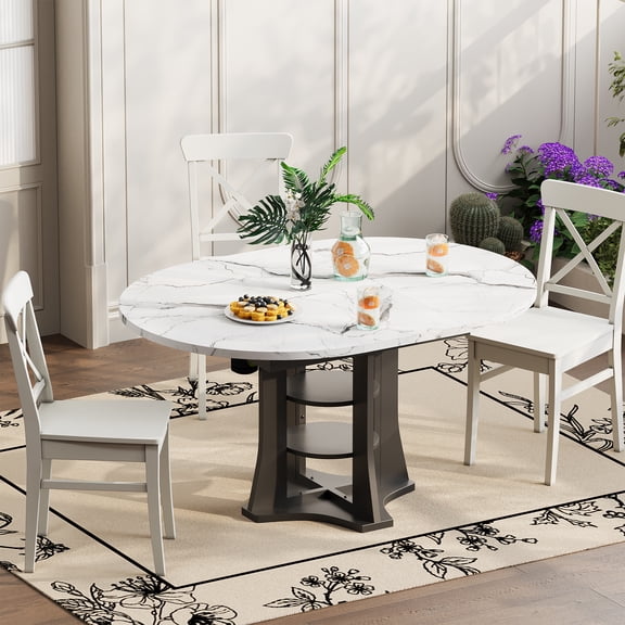 WARAYZ 43.3"–59" Expandable Round Dining Table with 2-Tier Adjustable Shelves, Metal Frame Pedestal Dining Table with Storage, Seats 4–8, Marble