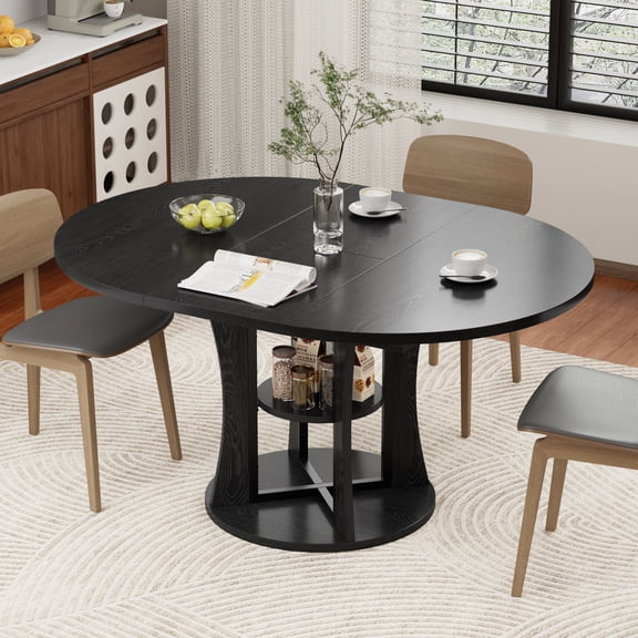 WARAYZ 43.3"-59" Round Extendable Dining Table with Hidden Leaf & Storage Shelf, Space-Saving Kitchen Table for 2-8 People, Black