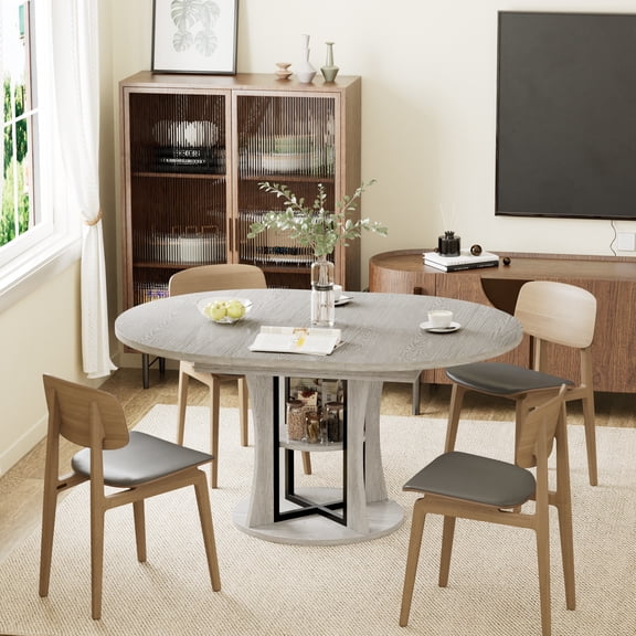 WARAYZ 43.3"-59" Round Extendable Dining Table with Hidden Leaf & Storage Shelf, Space-Saving Kitchen Table for 2-8 People, Grey