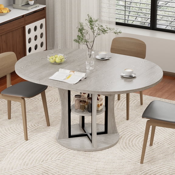 WARAYZ 43.3"-59" Round Extendable Dining Table with Hidden Leaf & Storage Shelf, Space-Saving Kitchen Table for 2-8 People, Grey