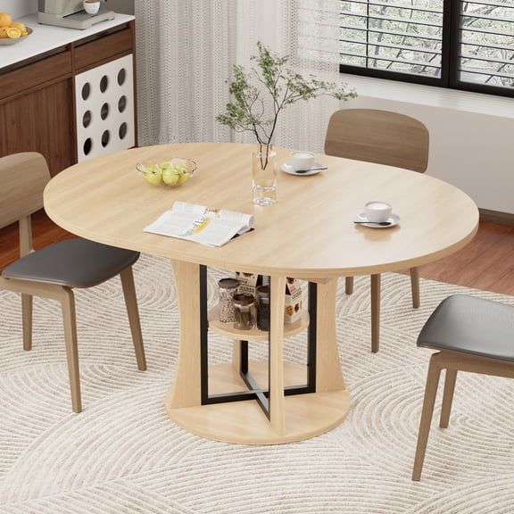 WARAYZ 43.3"-59" Round Extendable Dining Table with Hidden Leaf & Storage Shelf, Space-Saving Kitchen Table for 2-8 People, Natural oak