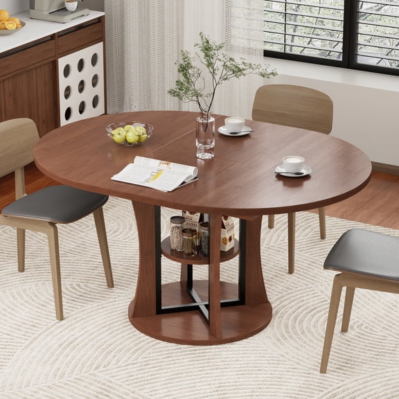 WARAYZ 43.3"-59" Round Extendable Dining Table with Hidden Leaf & Storage Shelf, Space-Saving Kitchen Table for 2-8 People, Walnut