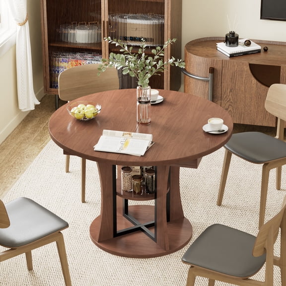 WARAYZ 43.3"-59" Round Extendable Dining Table with Hidden Leaf & Storage Shelf, Space-Saving Kitchen Table for 2-8 People, Walnut