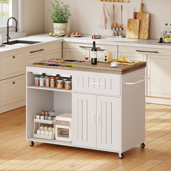 WARAYZ 47.2" Rolling Kitchen Island Cart with Foldable Top, Mobile Kitchen Storage Cart with 9 Stainless Steel Pans, Cabinet and Drawer