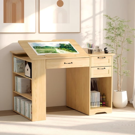 WARAYZ Adjustable Drawing Desk with Storage, Wood Study Computer Desk with Tilt Top, Large Drawer, 2 Side Drawers, 3-Tier Bookshelf, Open Cabinet, White