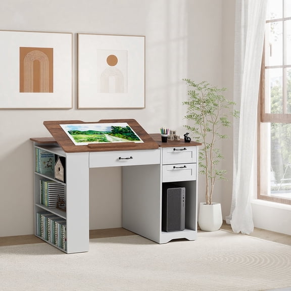 WARAYZ Adjustable Drawing Desk with Storage, Wood Study Desk with Tilt Top, Large Drawer, 2 Side Drawers, 3-Tier Bookshelf & Cabinet, White
