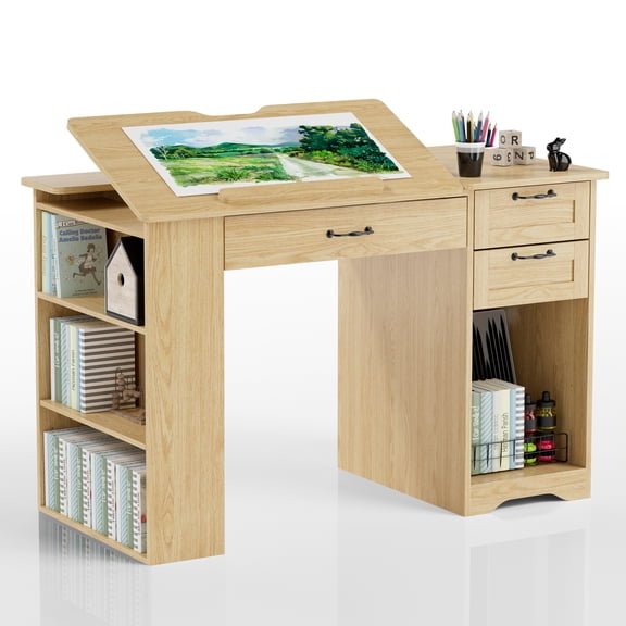 WARAYZ Adjustable Drawing Desk with Storage, Wood Study Computer Desk with Tilt Top, Large Drawer, 2 Side Drawers, 3-Tier Bookshelf, Open Cabinet, White