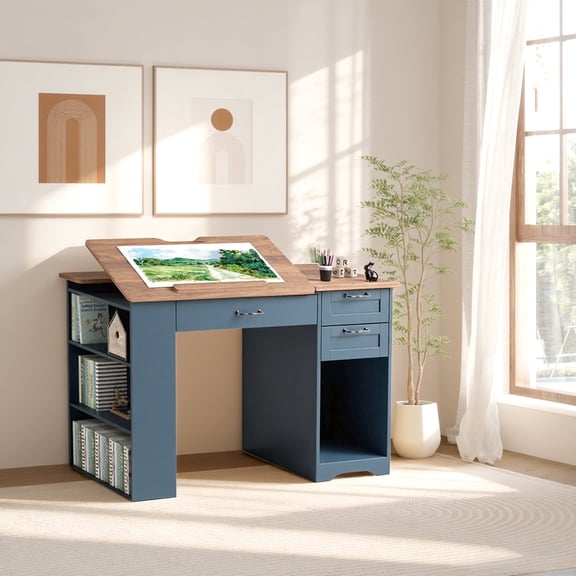 WARAYZ Adjustable Drawing Desk with Storage, Wood Study Desk with Tilt Top, Large Drawer, 2 Side Drawers, 3-Tier Bookshelf & Cabinet, Blue