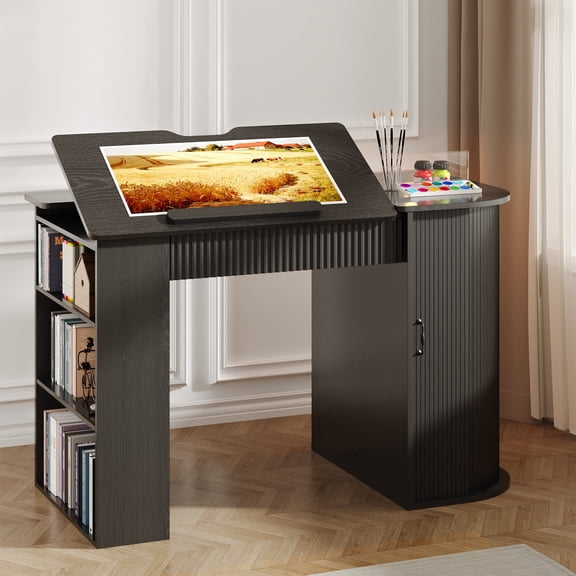 WARAYZ Adjustable MDF Drafting Table with Storage Cabinet & Shelves, Black