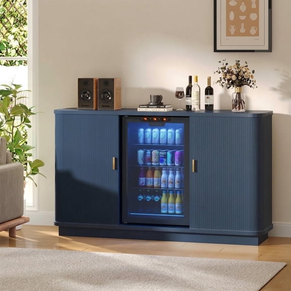 WARAYZ Bar Cabinet with Fridge Space & Power Outlet, Large Storage Wine Cabinet with Sliding Tambour Doors, Removable Rack, Blue