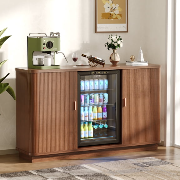 WARAYZ Bar Cabinet with Fridge Space & Power Outlet, Large Storage Wine Cabinet with Sliding Tambour Doors, Removable Rack, Walnut