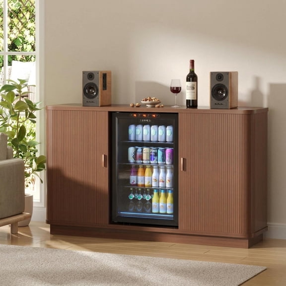 WARAYZ Bar Cabinet with Fridge Space & Power Outlet, Large Storage Wine Cabinet with Sliding Tambour Doors, Removable Rack, Walnut