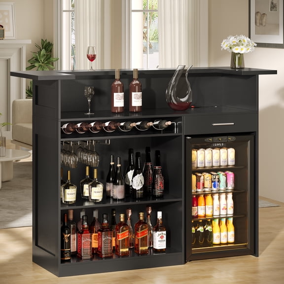 WARAYZ Bar Cabinet with Power Strip, Wine Rack & Glass Holder, Drawer, Open Shelves, Mini Fridge Space, Modern Storage Cabinet, Black