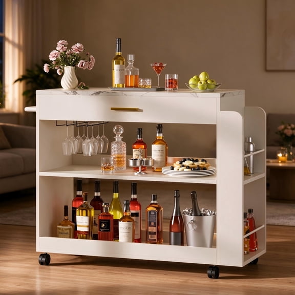 WARAYZ Bar Cart with Marble Top, Rolling Home Bar Serving Cart with Drawer & Glass Holder, White 31.4"