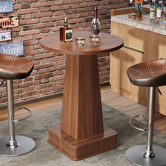 WARAYZ Bar Table 27.5” Round Cocktail Table with Footrest, 37.8” Tall Pub Table Walnut