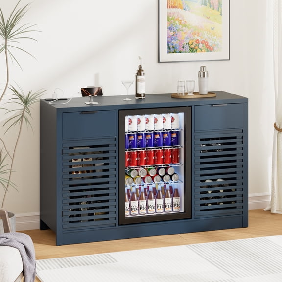 WARAYZ Coffee Bar Cabinet with Fridge Space, Wood Wine Cabinet with Built-in Charging Station, Storage Sideboard Buffet with Wine Rack & Glass Holder, Blue