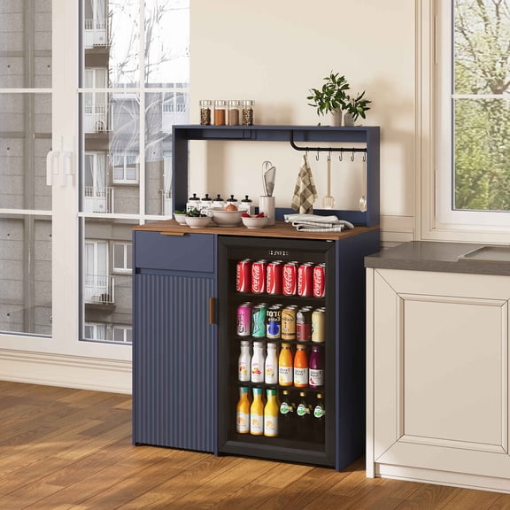 WARAYZ Coffee Bar Cabinet with Mini Fridge Space & Charging Station, Kitchen Sideboard with Wine Glass Rack, 6 Hanging Hooks & Drawer, Blue