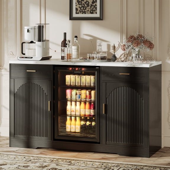 WARAYZ Coffee Bar Cabinet with Mini Fridge Space, Power Outlet, Glass Holder and Drawers, Black