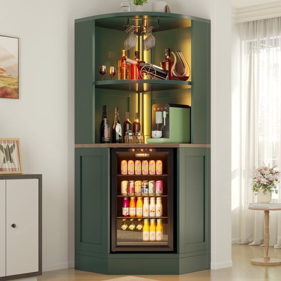 WARAYZ Corner Bar Cabinet with Fridge Space, LED Lights, Power Outlets, Wine Glass Holder, Green