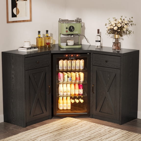 WARAYZ Corner Coffee Bar Cabinet with Fridge Space, Corner Storage Cabinet with Power Outlet & Drawers for Living Room, Black