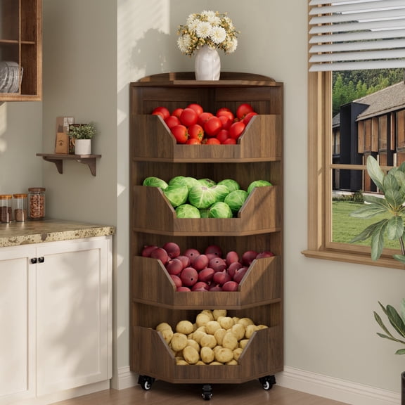 WARAYZ Modern Corner Kitchen Storage Organizer, 4 Tier, with Wheels, Engineered Wood, Brown