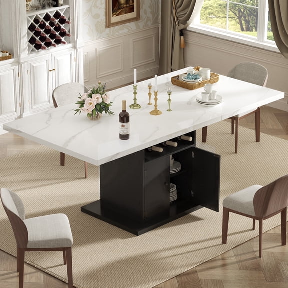 WARAYZ Extendable Dining Table 47.2"–63" Rectangle Kitchen Table with Storage Cabinet & Wine Rack, Marble F0inish, Seats 4–8, Black Marble