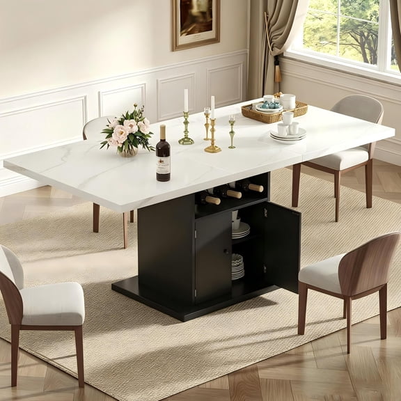 WARAYZ Extendable Dining Table 47.2"–63" Rectangle Kitchen Table with Storage Cabinet & Wine Rack, Marble F0inish, Seats 4–8, Black Marble