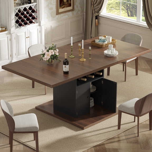 WARAYZ Extendable Dining Table 47.2"–63" Rectangle Kitchen Table with Storage Cabinet & Wine Rack, Marble Finish, Seats 4–8, Black