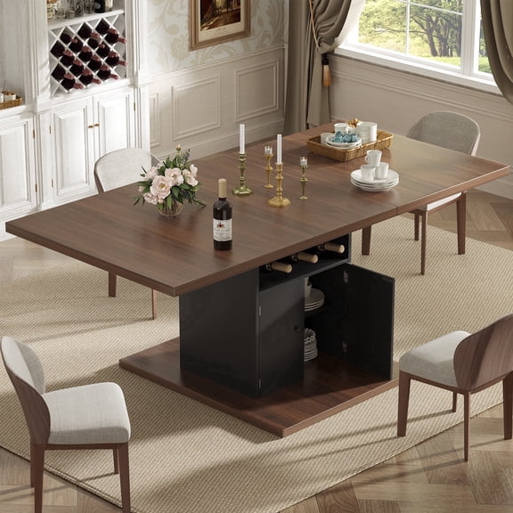 WARAYZ Extendable Dining Table 47.2"–63" Rectangle Kitchen Table with Storage Cabinet & Wine Rack, Marble Finish, Seats 4–8, Black