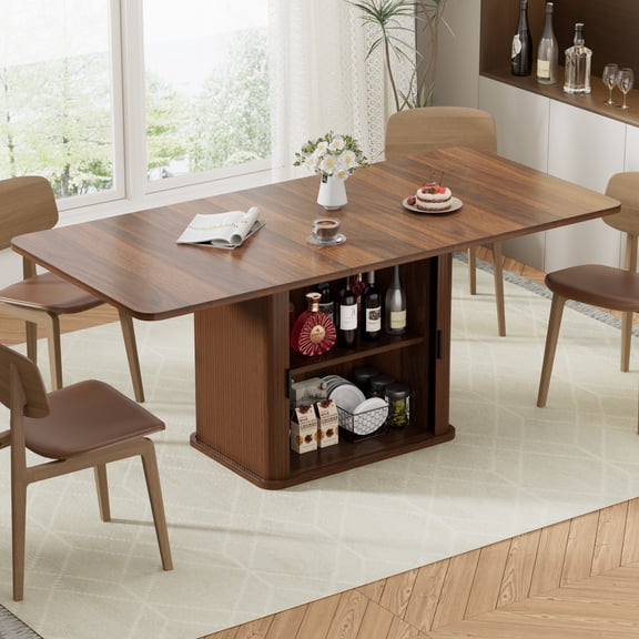 WARAYZ Extendable Dining Table with Storage, 47"-63" Rectangular Wood Table, Sliding Door Cabinet, Space Saving for 4-8 People, Walnut