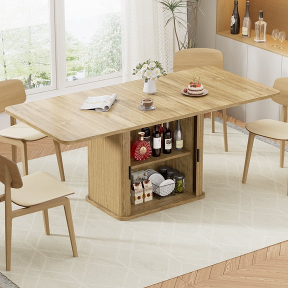 WARAYZ Extendable Dining Table with Storage, 47"-63" Rectangular Wood Table, Sliding Door Cabinet, Space Saving for 4-8 People, Wood
