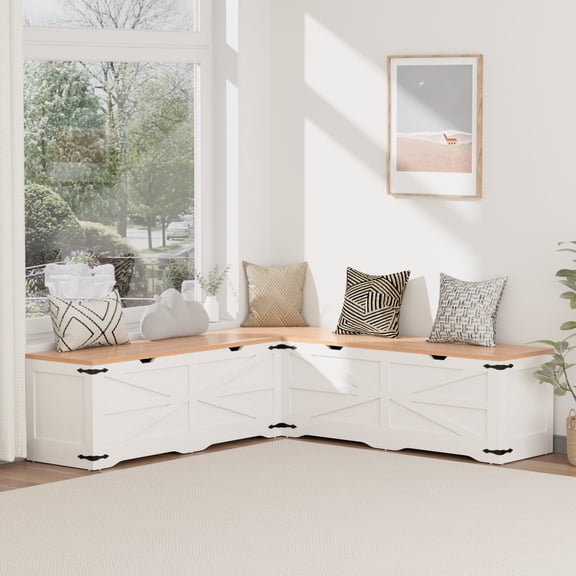 WARAYZ Farmhouse L-Shaped Breakfast Nook Bench, Corner Dining Bench with Hidden Storage, Arrow Pattern Design, Flip-Top Seats, 400 lbs Capacity, White